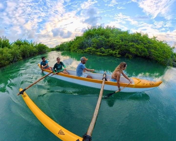 Grupo remando canoa havaiana amarela e branca nas águas verdes da Lagoa Guaraíras, entre manguezais